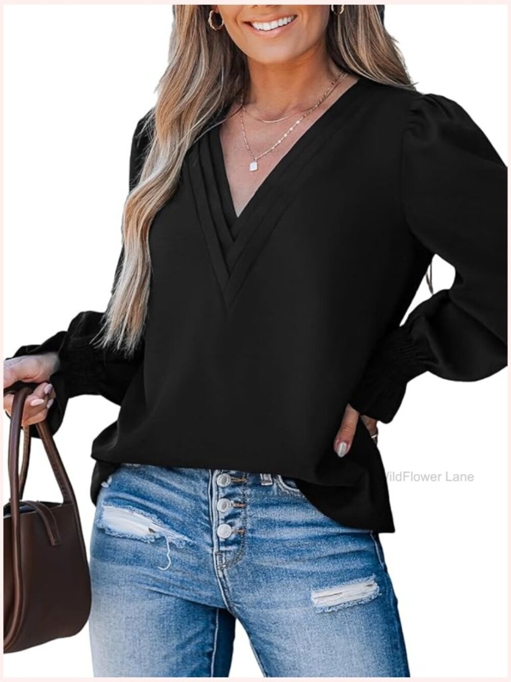 Woven V Neck Blouse with Puff Sleeves and Smocked Cuffs